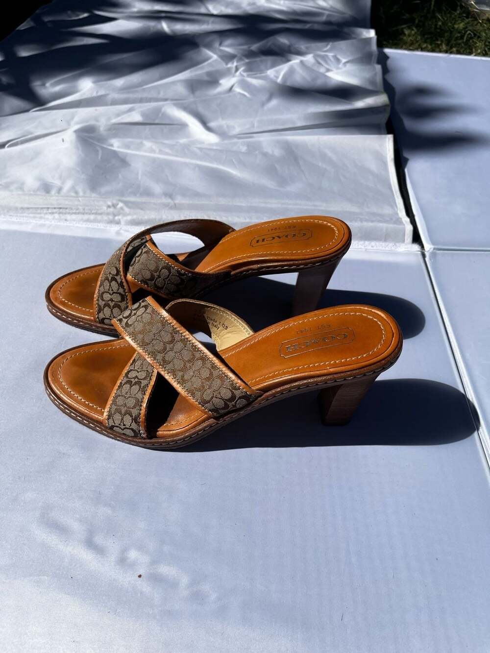 Coach Dede Sandal Heel Signature Brown Tan Women's Size 7.5 B